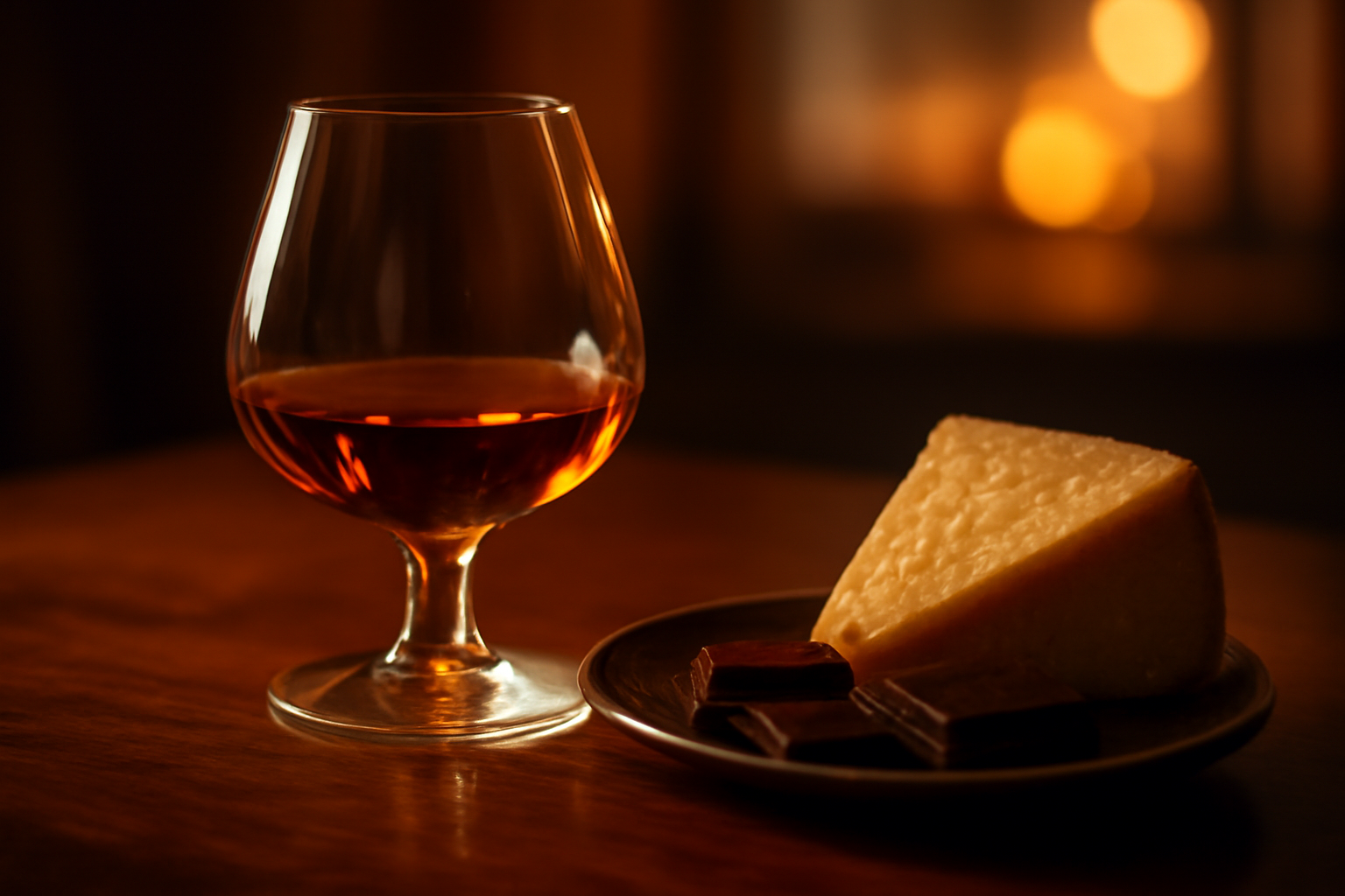 Cognac tasting with a glass of amber liquid, dark chocolate, and aged cheese on a wooden table.