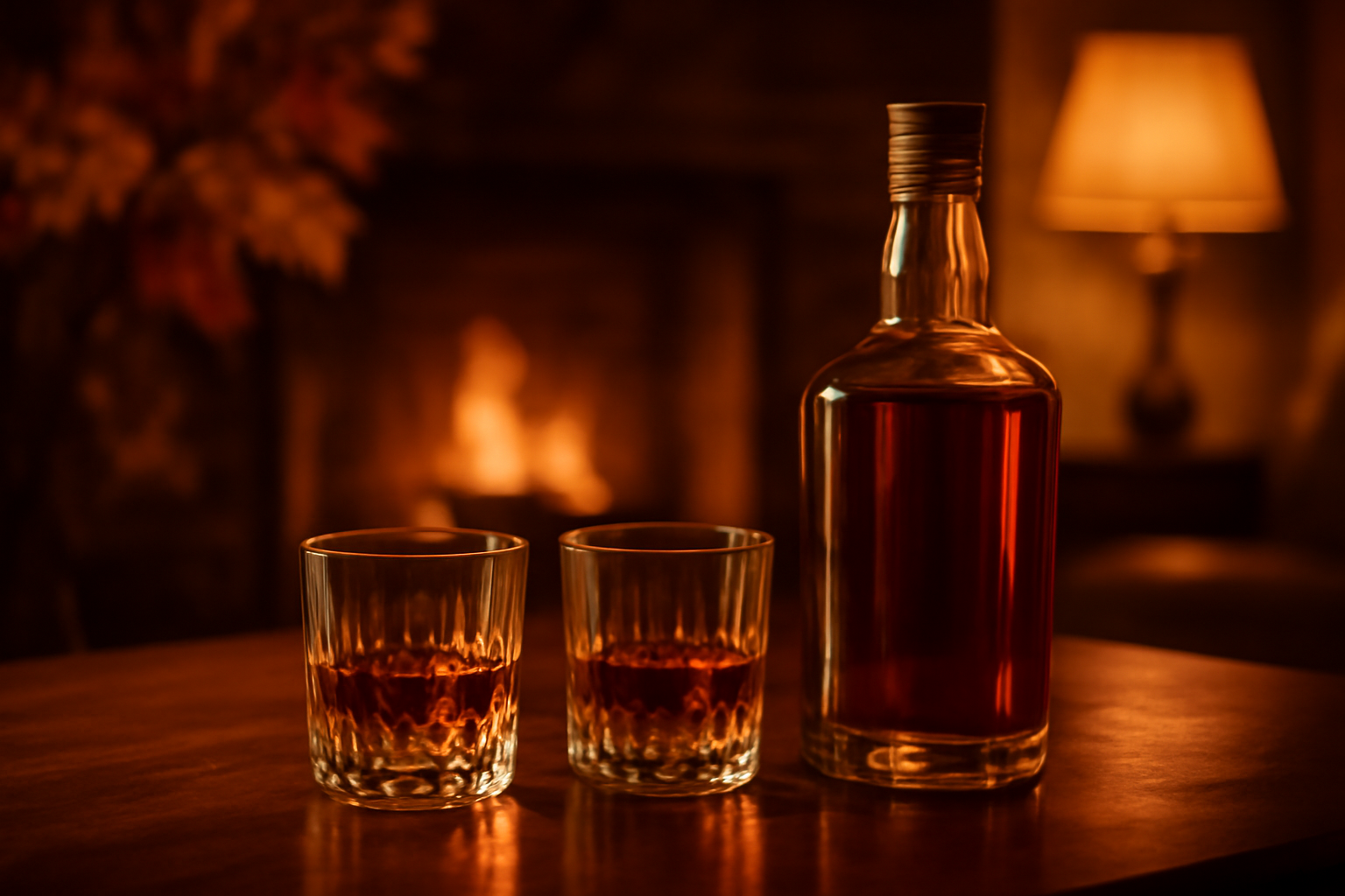 A bottle of bourbon and two whiskey glasses on a wooden table, illuminated by warm autumn light.
