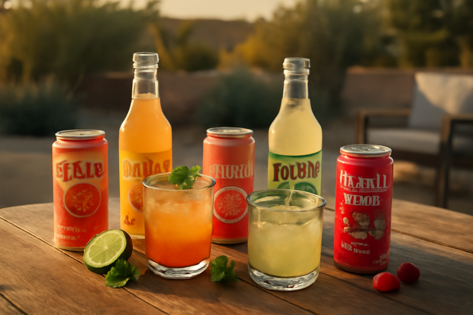 Assortment of ready-to-drink canned cocktails on a patio table with fresh garnishes.