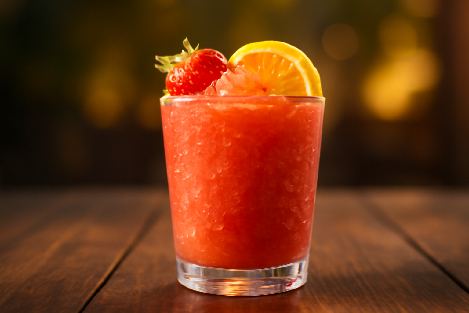 A refreshing frozen slushie drink in a condensation-covered glass, garnished with fresh berries.