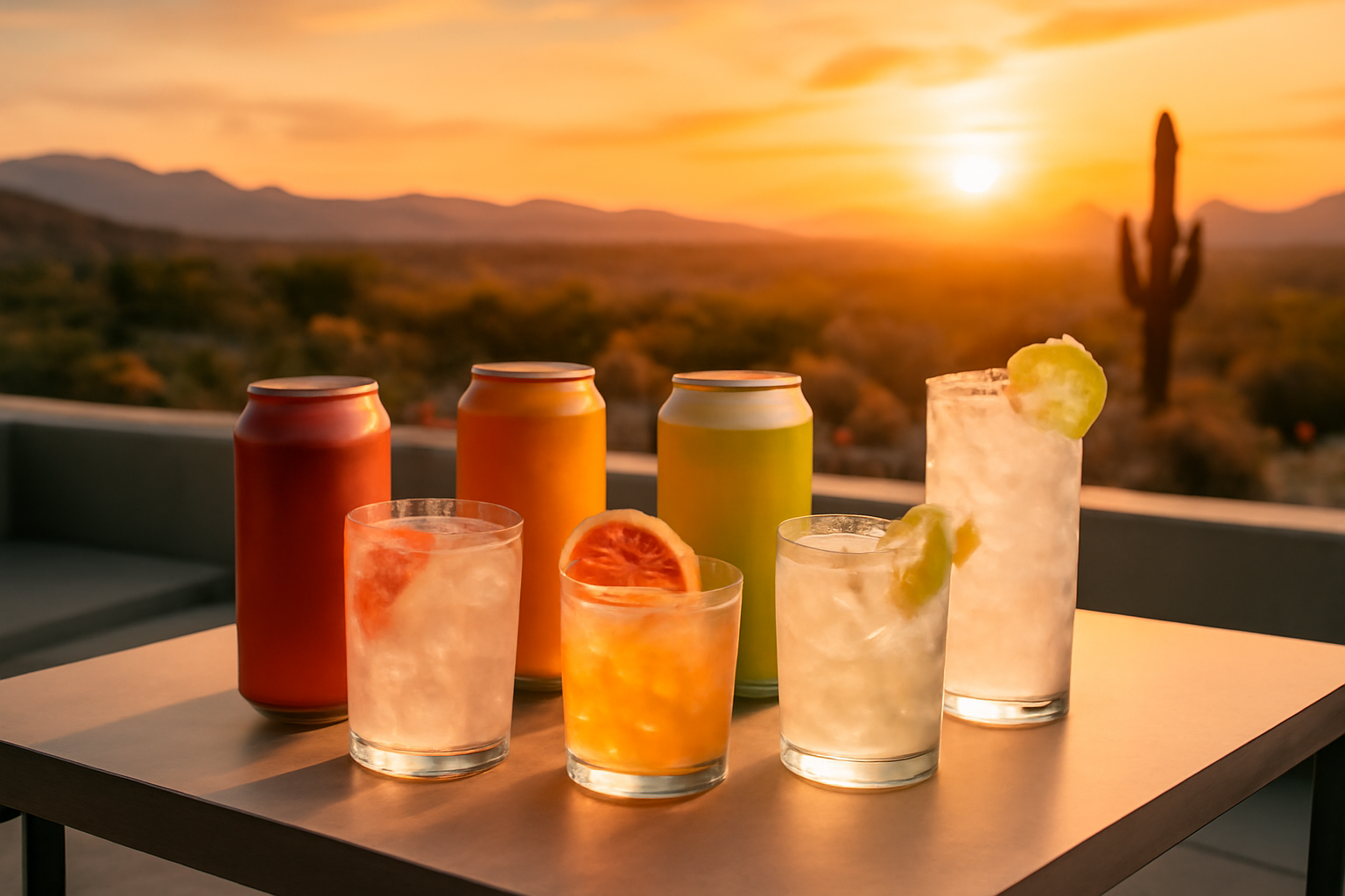 Assortment of hard seltzer cans and glasses with fruit garnishes on an outdoor patio