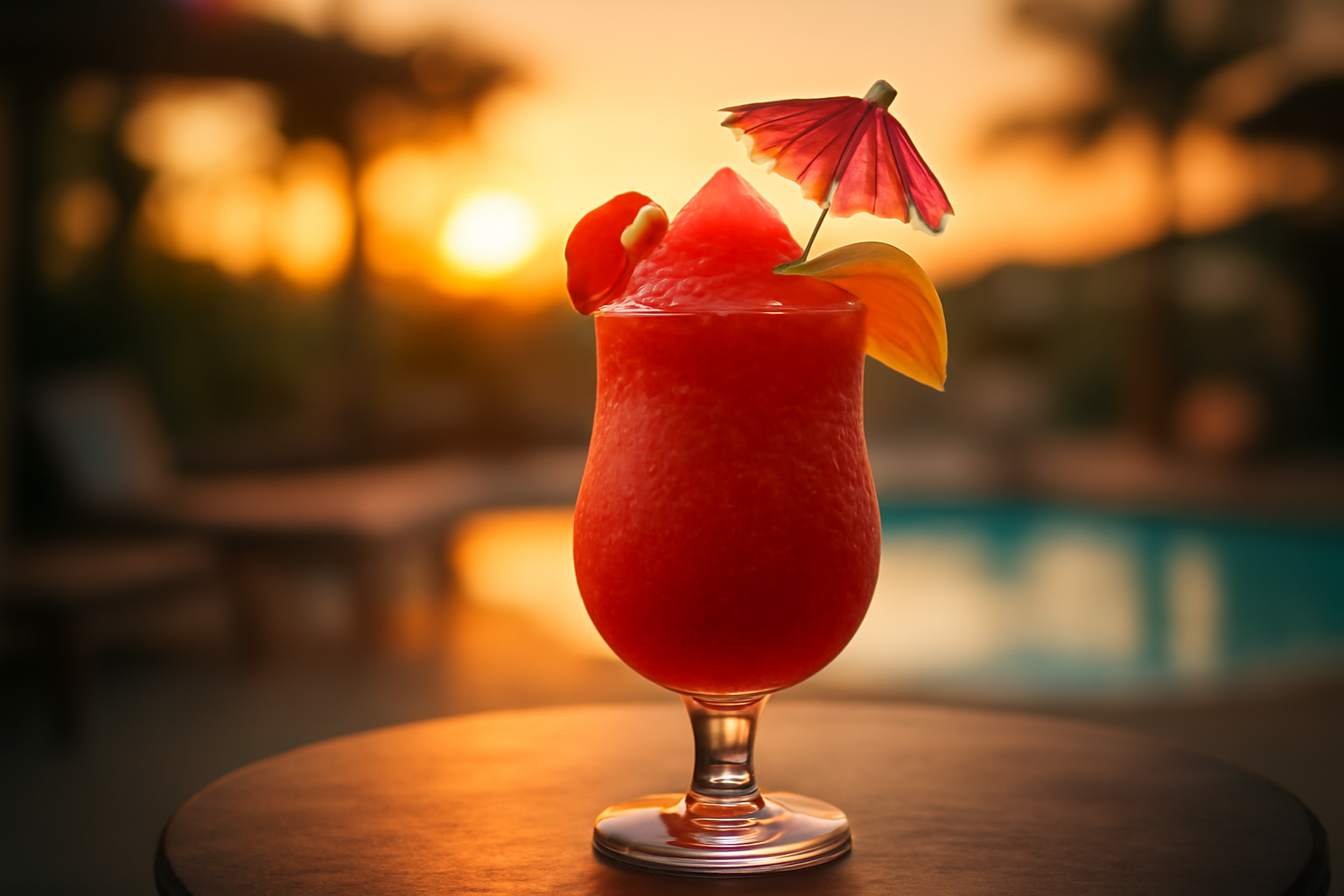 Close-up of a refreshing, brightly colored frozen slushie in a glass on a summer patio.