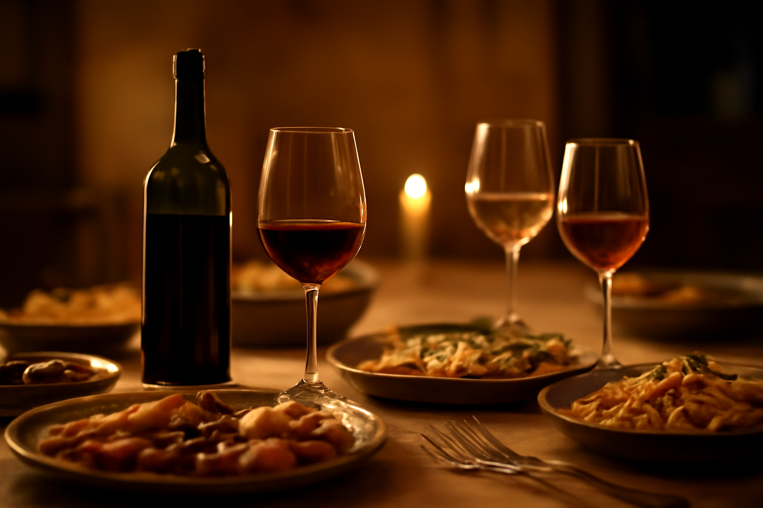 Elegant dining table with various wines and perfectly paired dishes