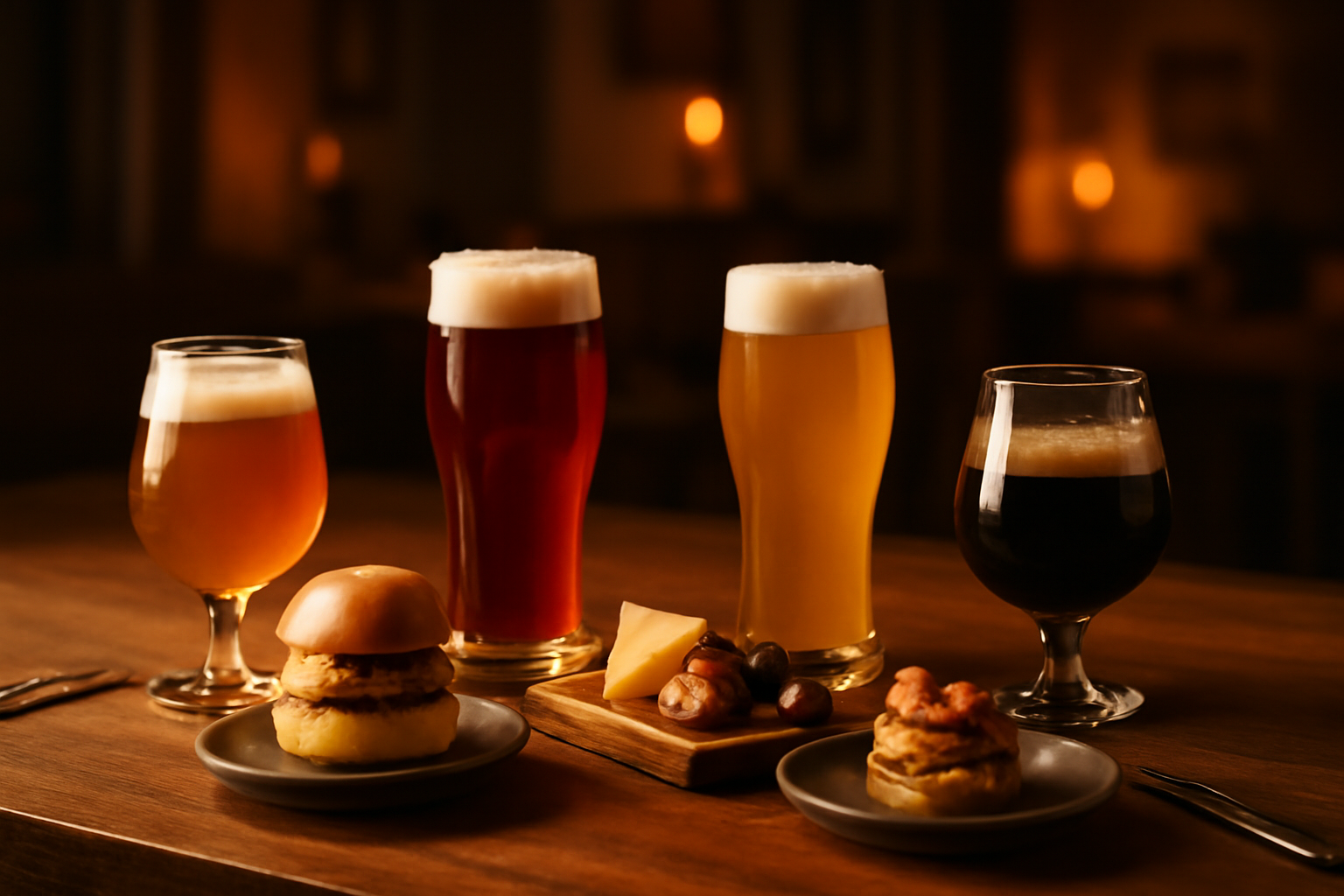 Assortment of craft beers in different glasses, each paired with a suitable food item on a wooden table, illuminated by warm light.