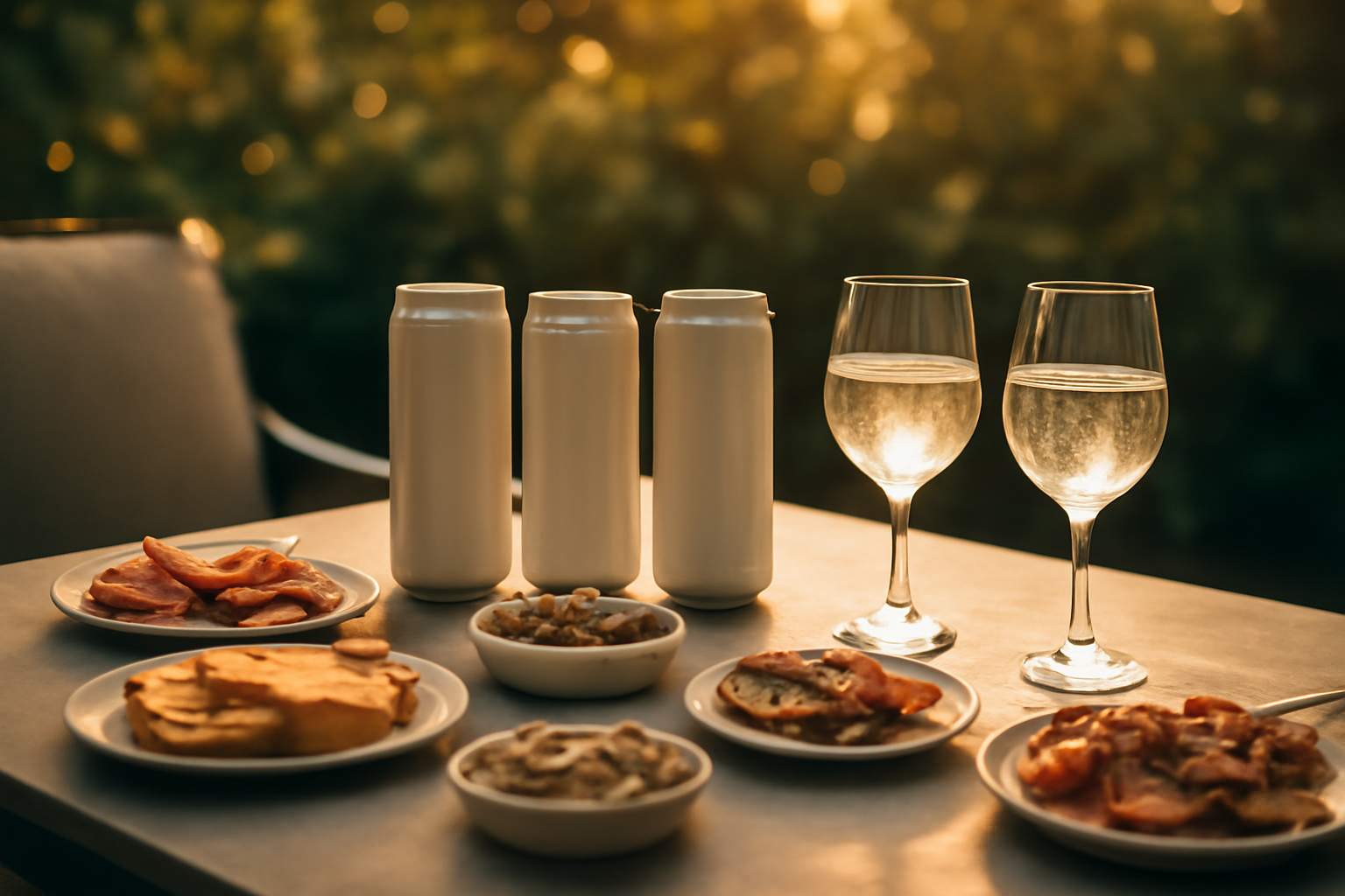 Hard seltzers paired with appetizers on an outdoor patio