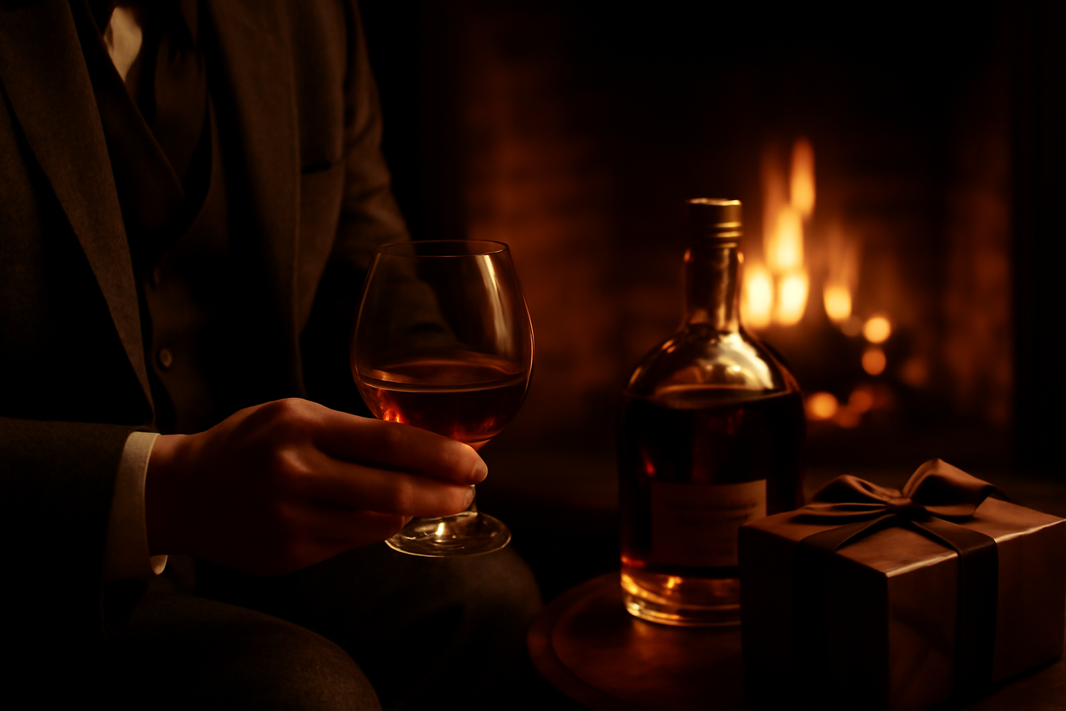 Person holding a cognac snifter by a fireplace, with a bottle of cognac in the background