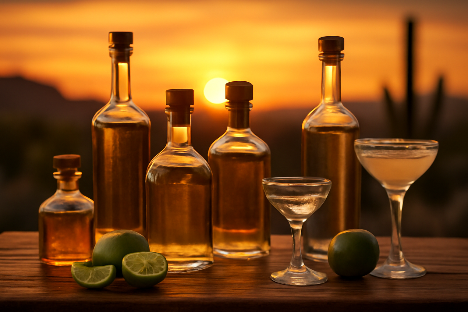 Various tequila and mezcal bottles with limes and cocktail ingredients on a wooden bar at sunset