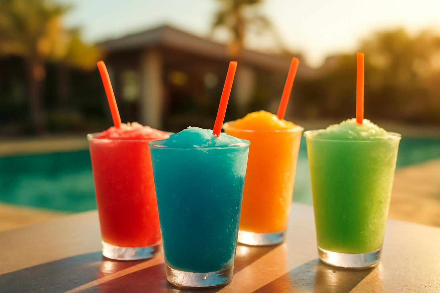 Several colorful frozen slushies in glasses on a patio table with a pool in the background.