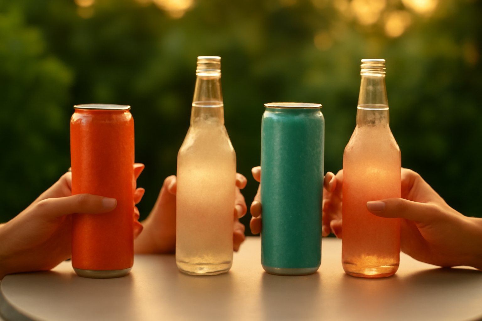 Close-up of assorted chilled hard seltzer cans and bottles on an outdoor patio table, evoking a refreshing summer vibe.