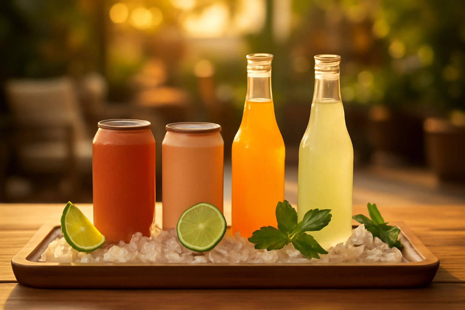 Assorted ready-to-drink cocktails on a tray with ice and garnishes on a patio