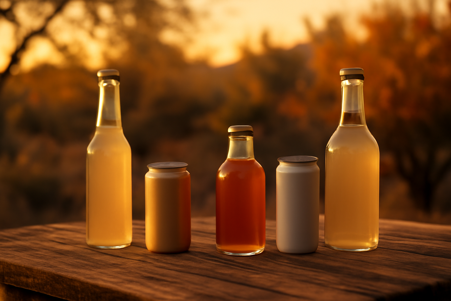 Collection of trending ready-to-drink cocktails in stylish cans and bottles on an outdoor table at dusk.