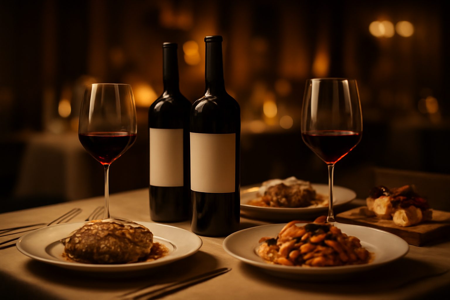 Elegant wine bottles and glasses on a dining table with various gourmet dishes.