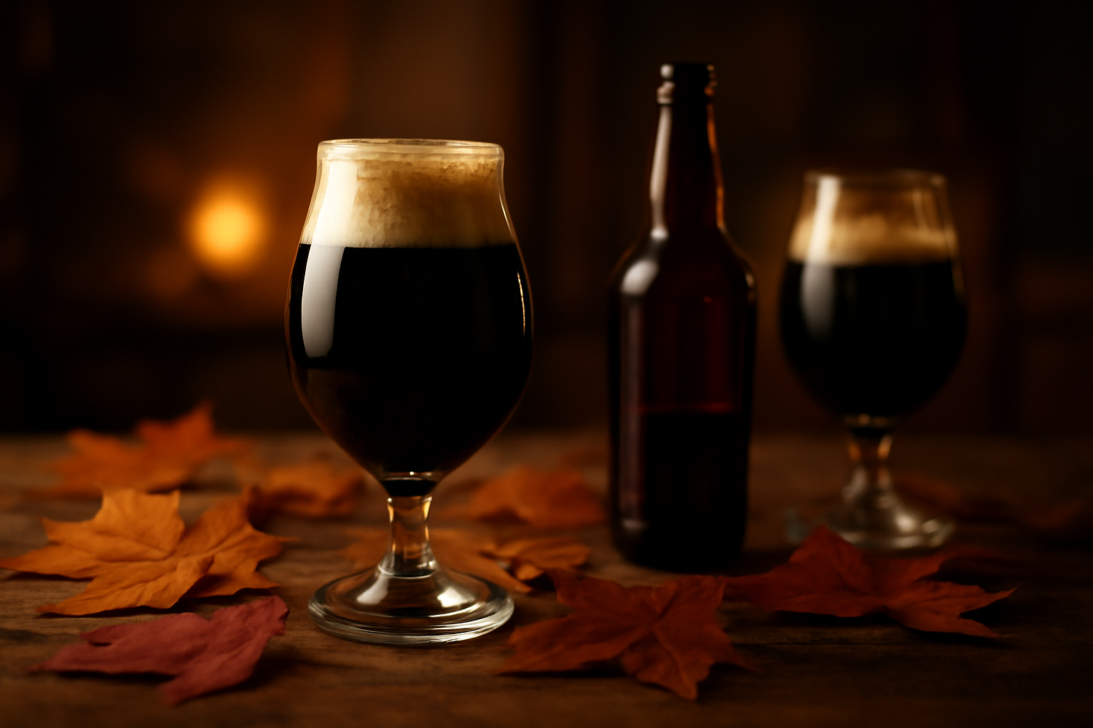 Craft and imported fall beers on a rustic wooden table with autumn leaves