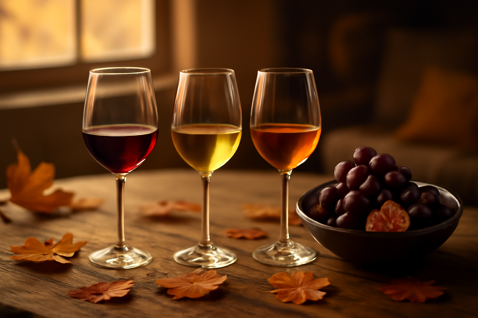 Three glasses of wine – red, white, and rosé – on a rustic table with autumn fruit and soft lighting, evoking a cozy fall scene.
