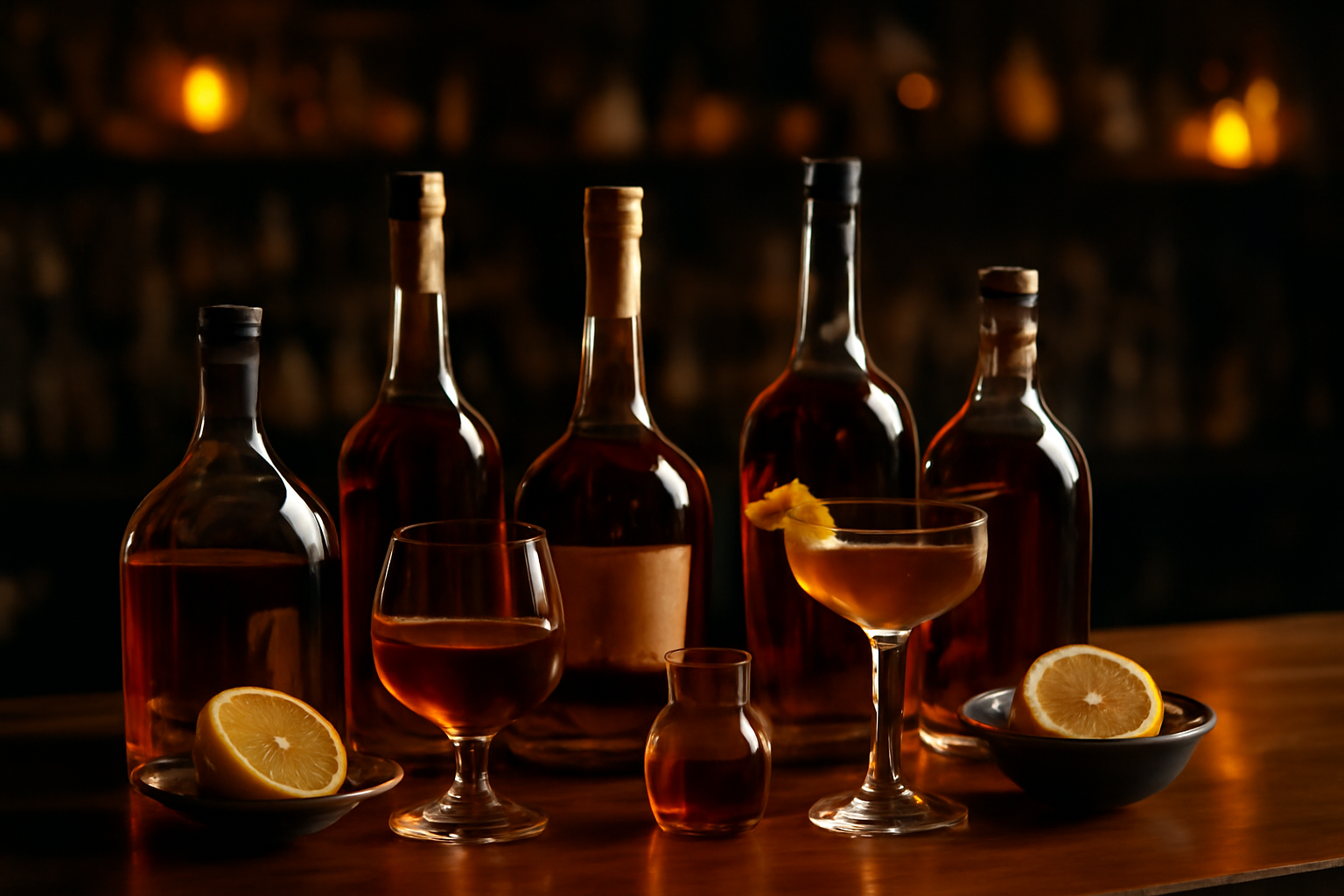 Sophisticated Cognac and brandy bottles with cocktail ingredients on a modern bar