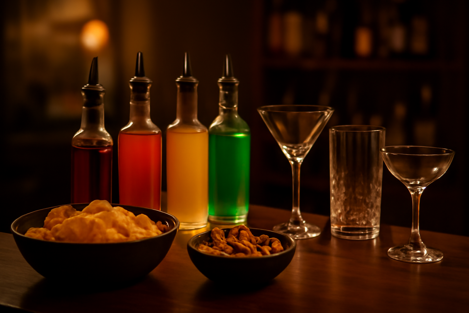 A home bar counter with various cocktail mixers, snacks, and glasses, implying a social gathering.