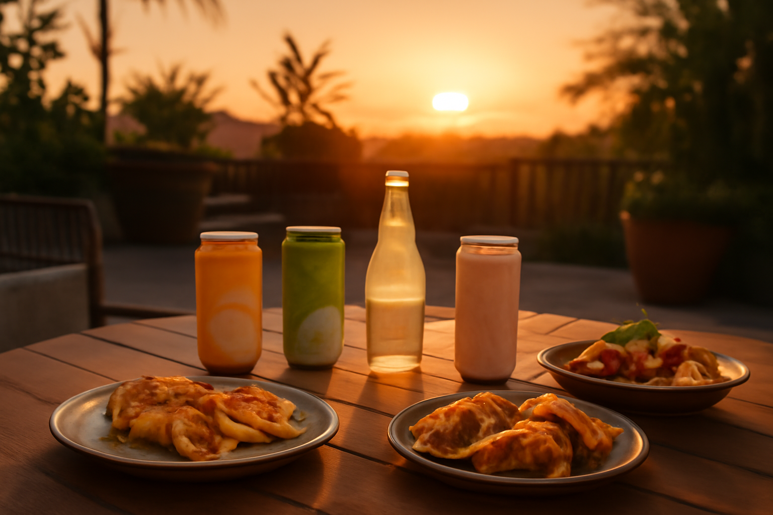 Hard seltzer cans and delicious food pairings on a vibrant outdoor patio table at sunset