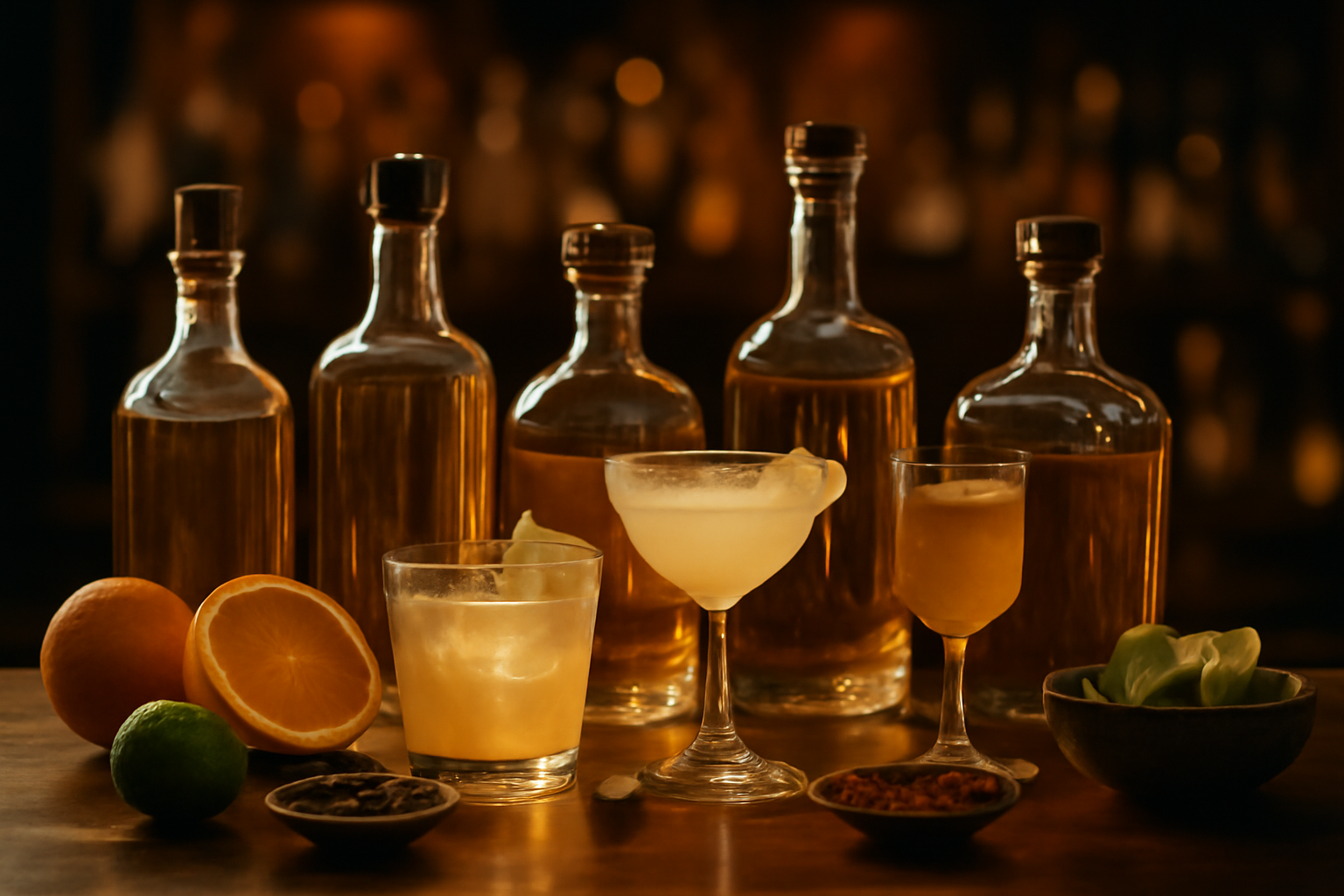 A selection of premium tequila and mezcal bottles on a stylish bar with cocktail ingredients
