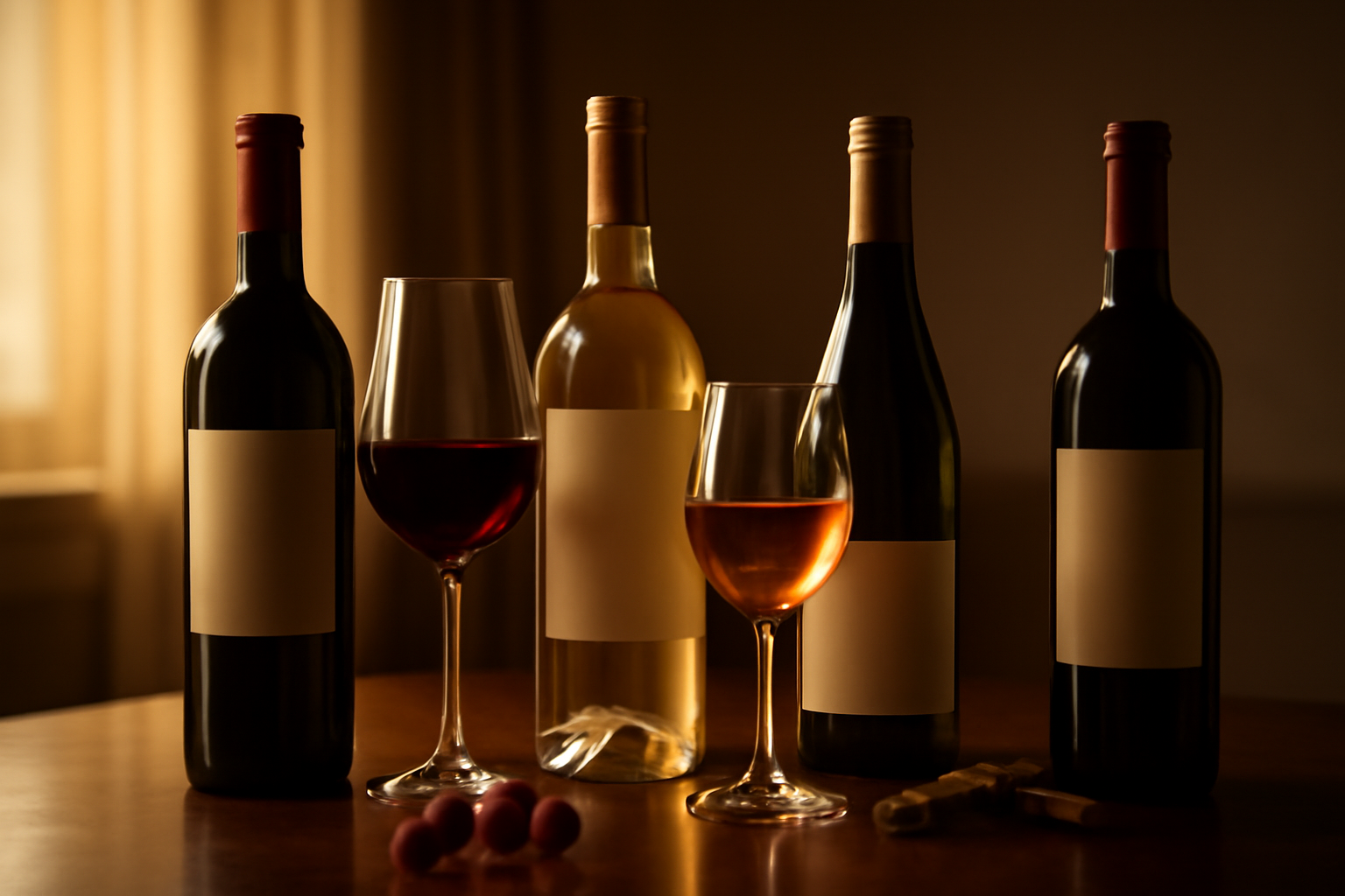 Elegant wine bottles and glasses on a wooden table, ready for a gift