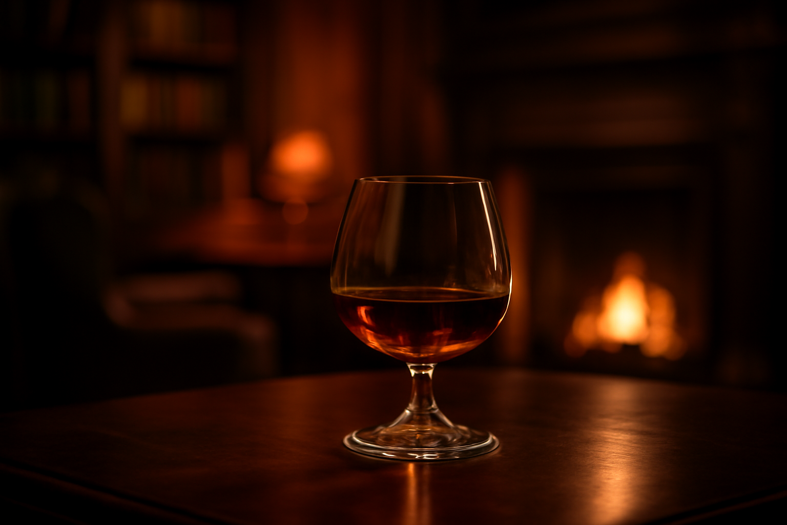 Snifter glass with cognac, amber liquid, on a polished dark wood table in a luxurious setting.