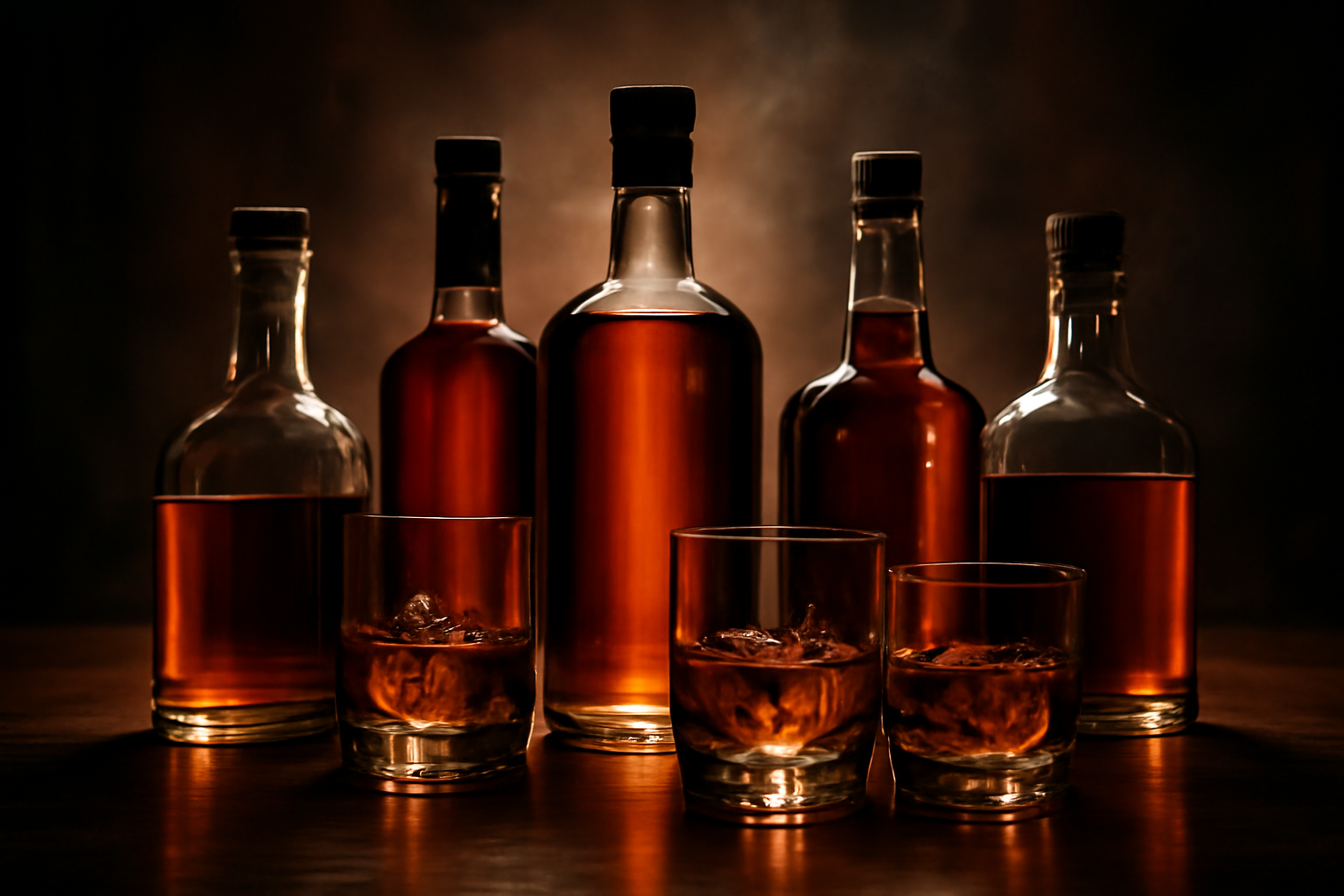 Collection of various bourbon and whiskey bottles with glasses on a dark wooden bar