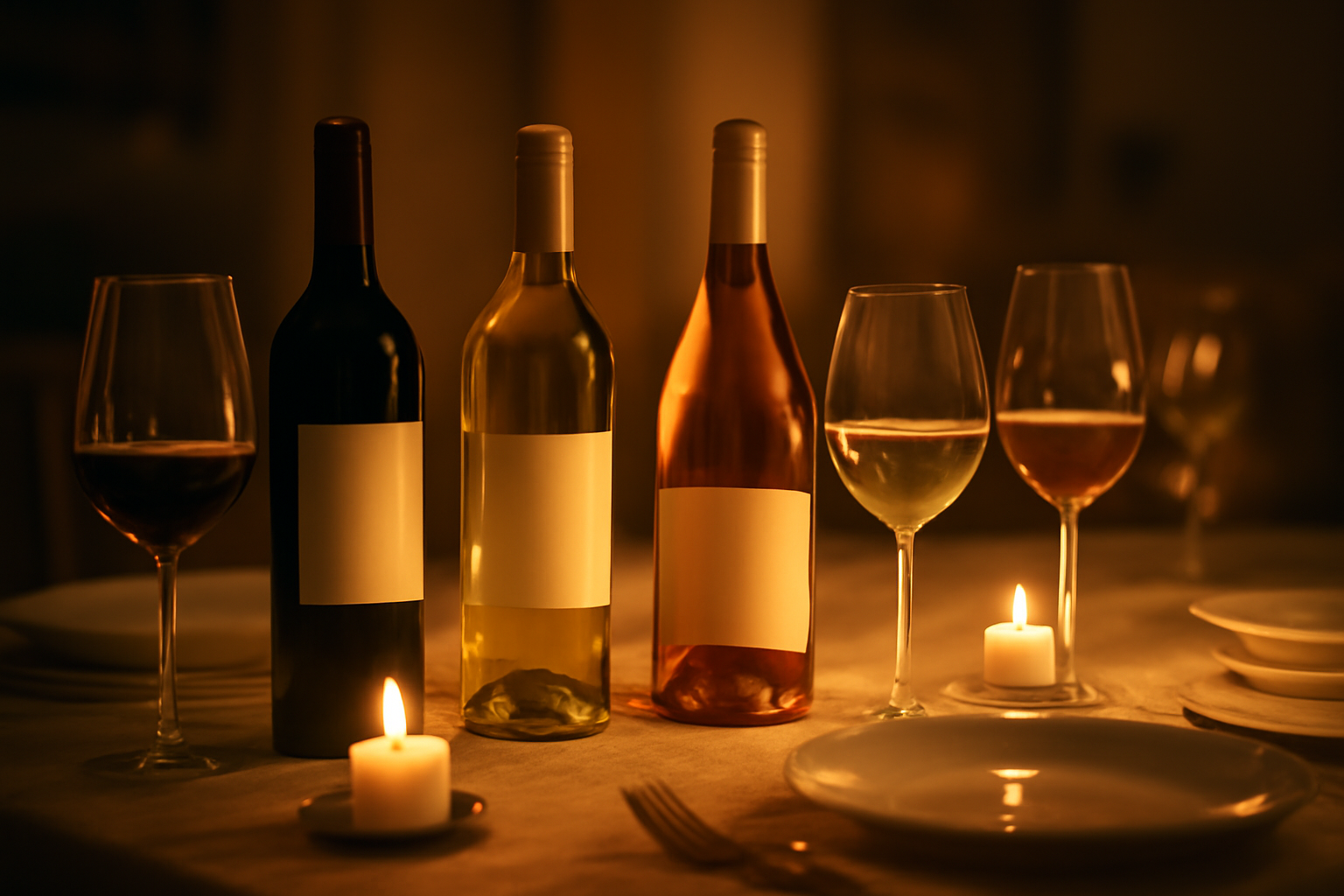 Elegant wine bottles and glasses on a table, ready for a special occasion
