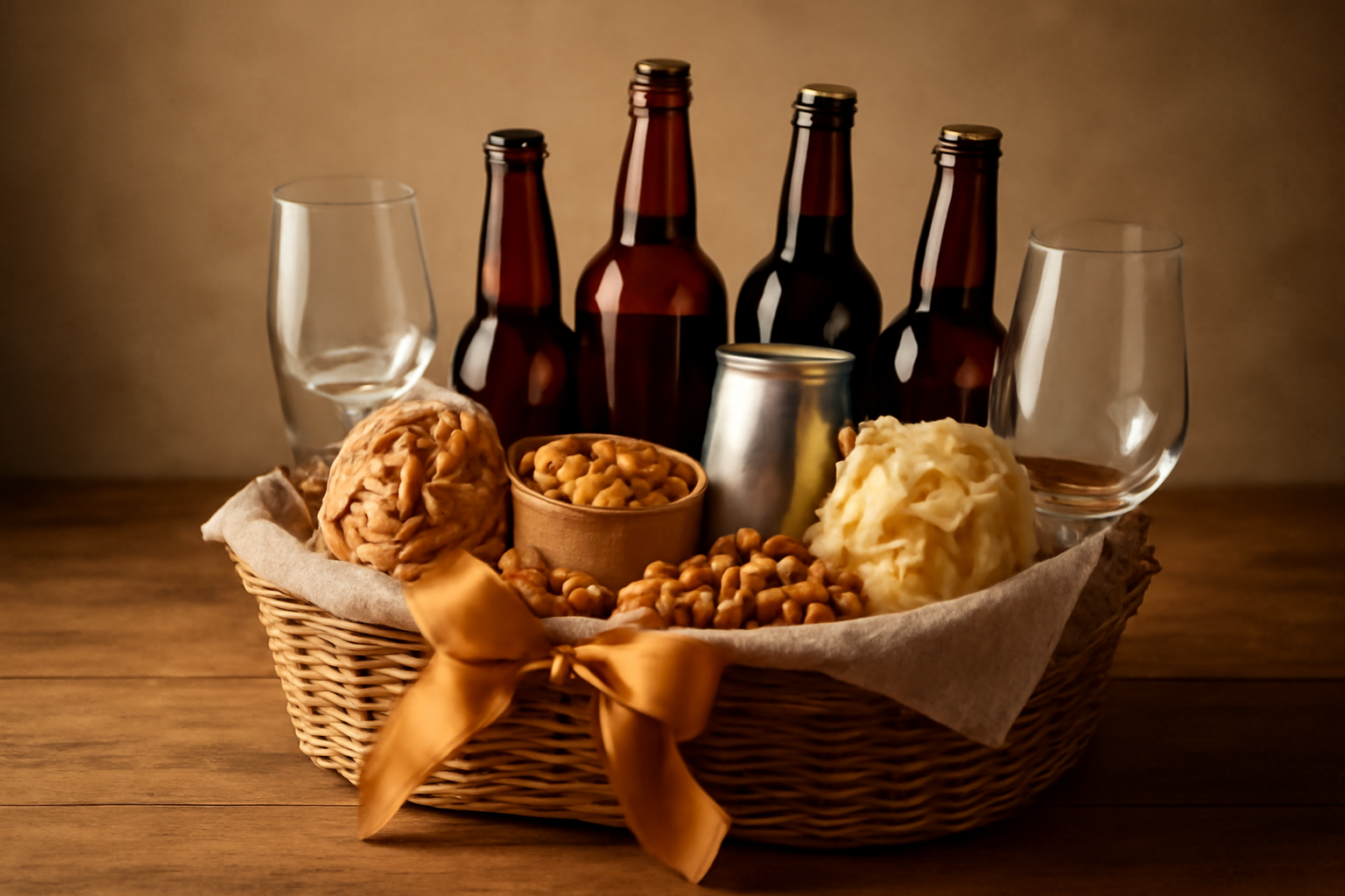 A festive craft beer gift basket with assorted bottles, glasses, and gourmet snacks.