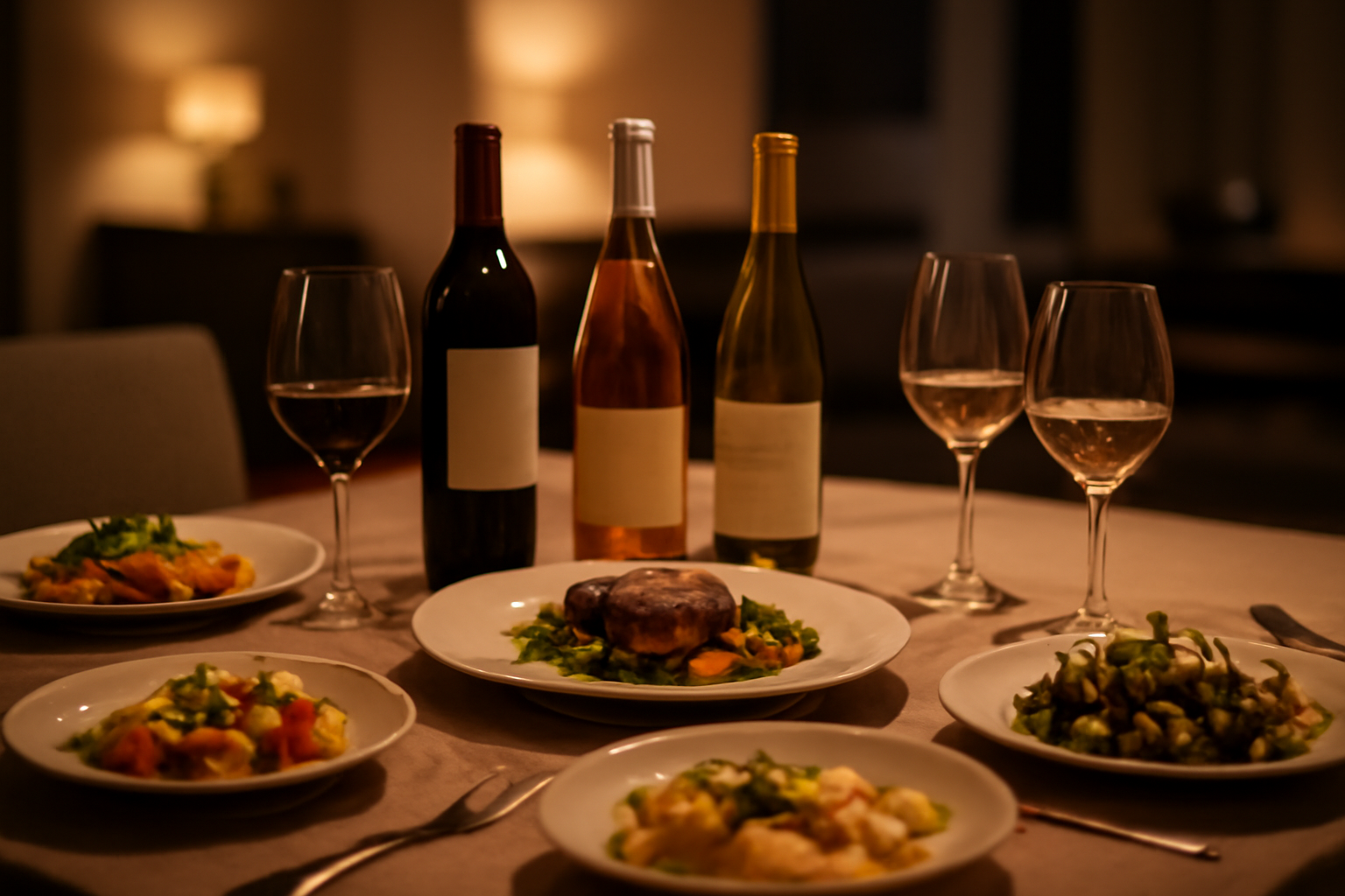A perfectly set dining table with a variety of delicious dishes, bottles of red, white, and rosé wine, and filled wine glasses, illuminated by warm, inviting light.
