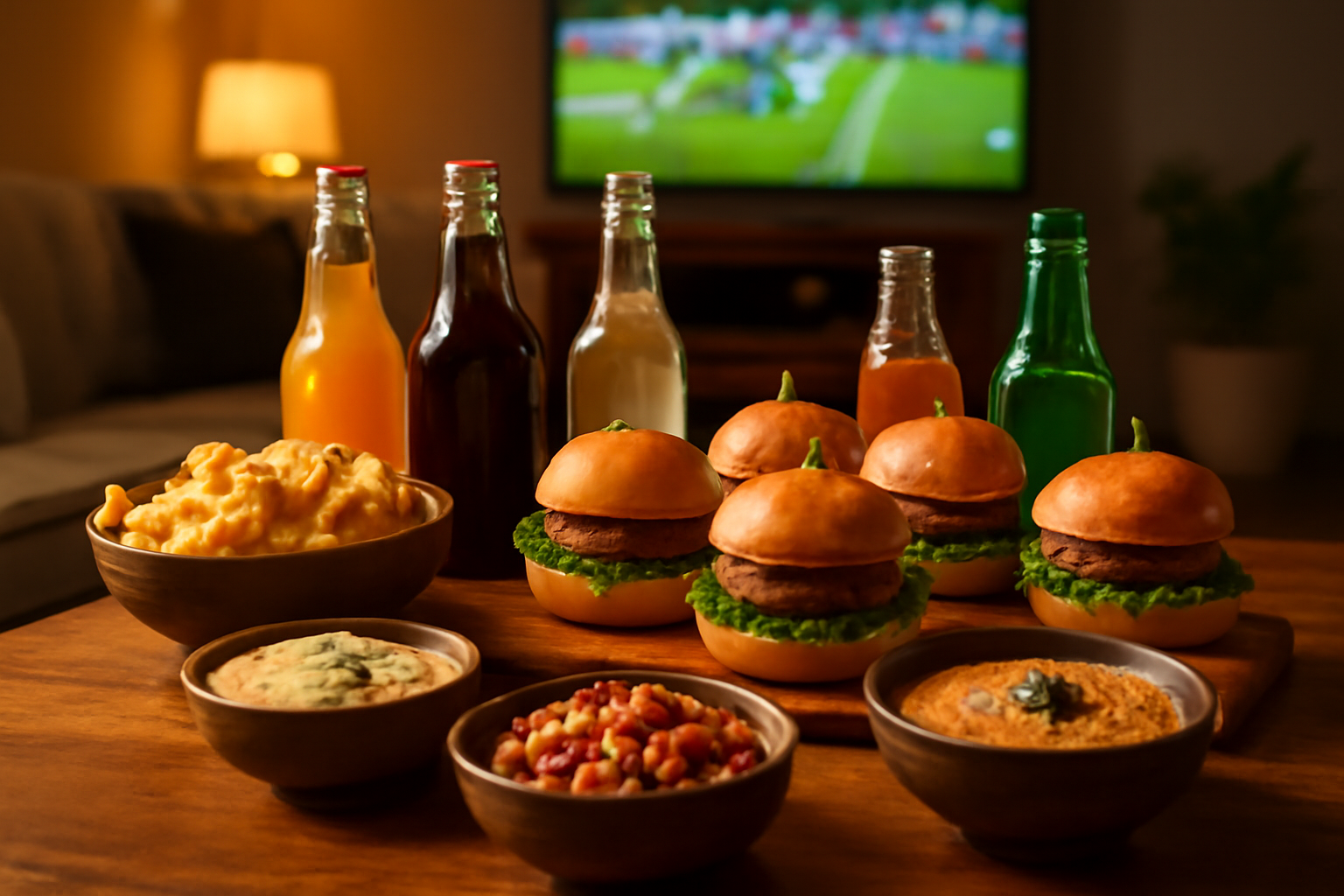 A game day spread with various snacks and mixers on a coffee table.