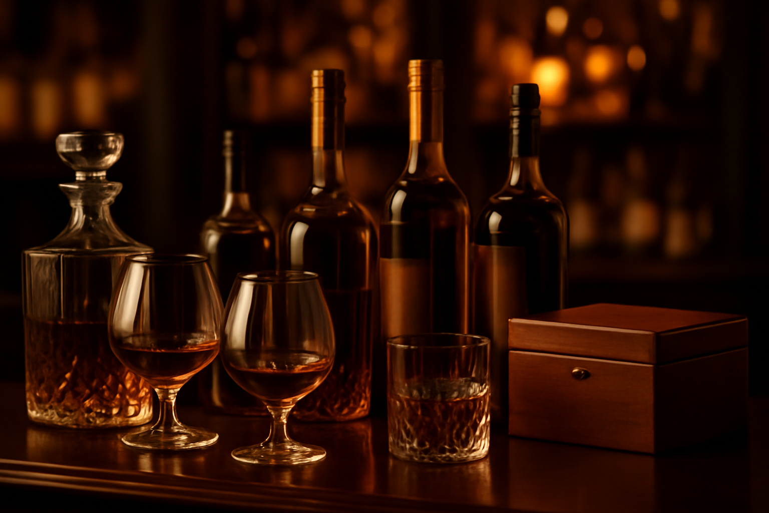 Luxurious bar scene with various Cognac and Brandy bottles, crystal glasses, and a decanter.