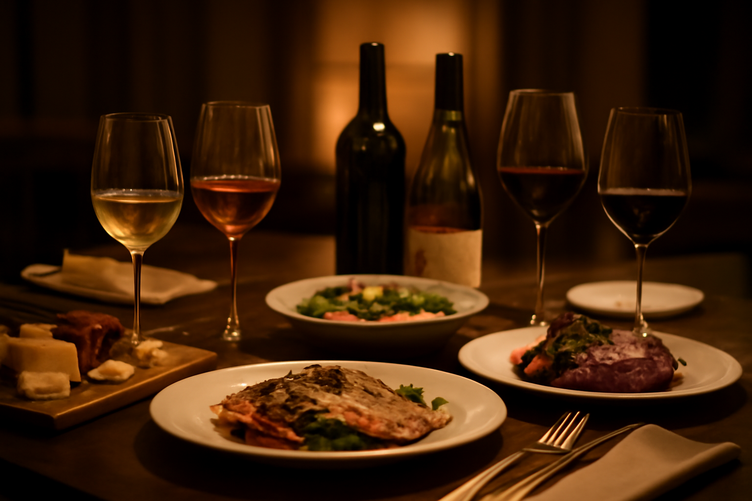 Elegant dining table with red, white, and rosé wine bottles and glasses, alongside various food pairings.