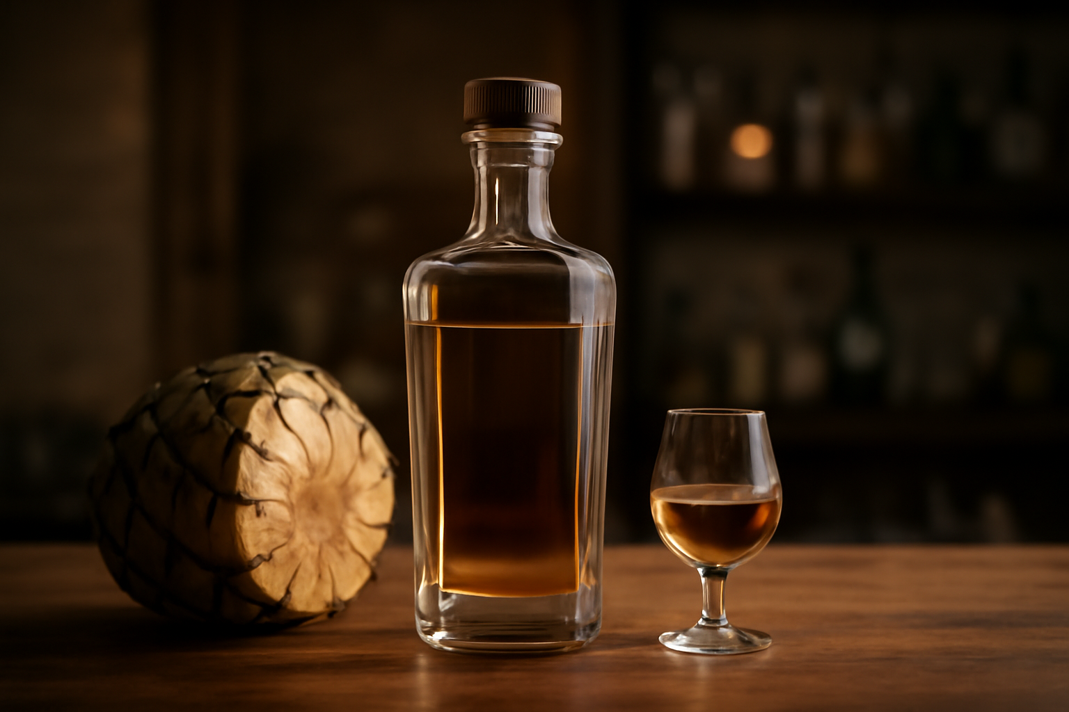 Bottle of tequila, glass of mezcal, and an agave heart on a dark wooden surface with warm lighting.